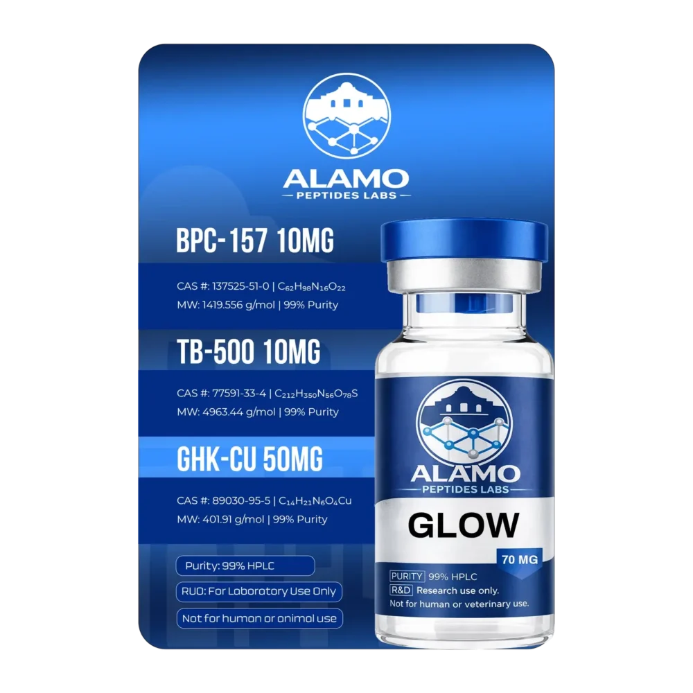 Alamo Peptides GLOW blend vials – BPC-157 10mg, TB-500 10mg, GHK-Cu 50mg, 99% pure HPLC tested